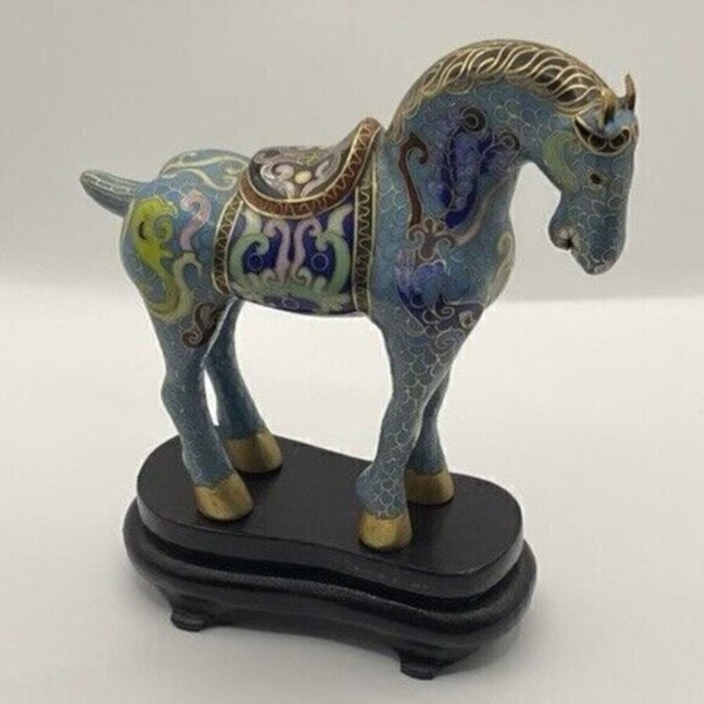 Vintage 20th Century Blue Enamel & Brass Cloisonné Horses Figurine 5" Home Art
